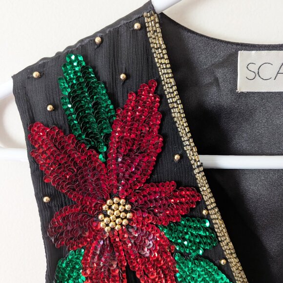 Vintage Scala 100% Silk Sequin Beaded Poinsettia Christmas Holiday Vest Size S - Picture 2 of 8